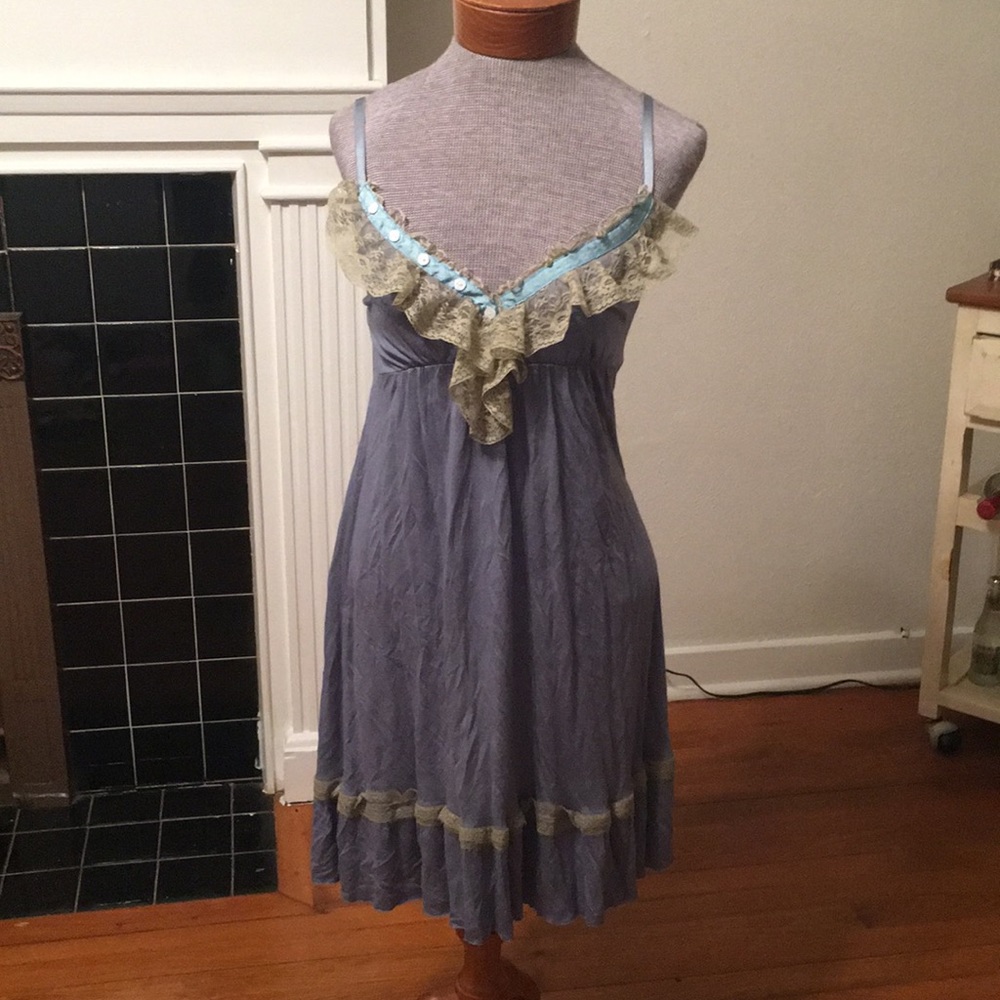 Slate blue and lace dress